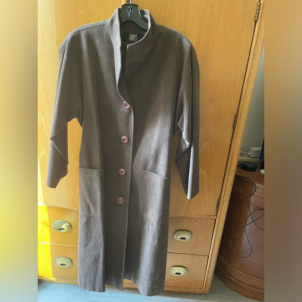 Vintage long ultra-suede coat in chocolate brown.